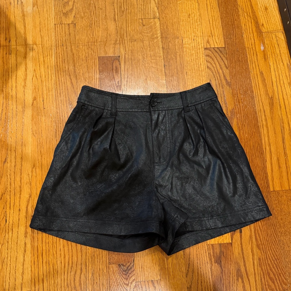 Women's Black Faux Leather Pleated Shorts
